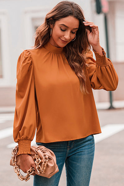 Orange Long Bubble Sleeve Mock Neck Chiffon Blouse-Tops-MomFashion