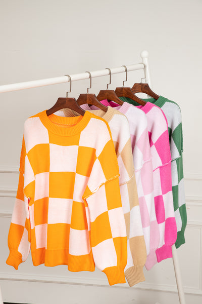 Orange Checkered Bishop Sleeve Sweater-Tops-MomFashion