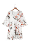 White V Neck 3/4 Sleeve Floral Dress-Dresses-MomFashion