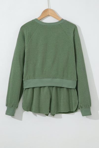 Green Fleece Two-piece Cropped Pullover and Shorts Set-Loungewear-MomFashion