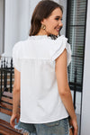 White Ruffle Accent Flutter Sleeve Notch Neck Top-Tops-MomFashion