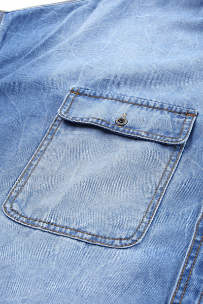 Sky Blue Flap Pockets Raw Hem Denim Shacket-Outerwear-MomFashion