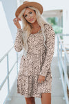 Leopard Animal Print Tiered Long Sleeve Dress-Dresses-MomFashion