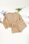 Khaki Piping Trim Long Sleeve Terry Shorts Set-Loungewear-MomFashion