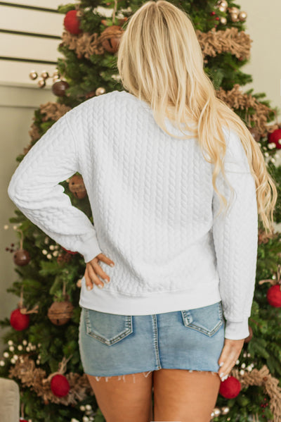 White Merry And Bright Cable Knit Pullover Sweatshirt-Tops-MomFashion