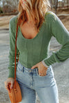 Green U Neck Textured Long Sleeve Top-Tops-MomFashion