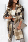 Khaki Plaid Button-Down Flap Pocket Long Shacket-Outerwear-MomFashion