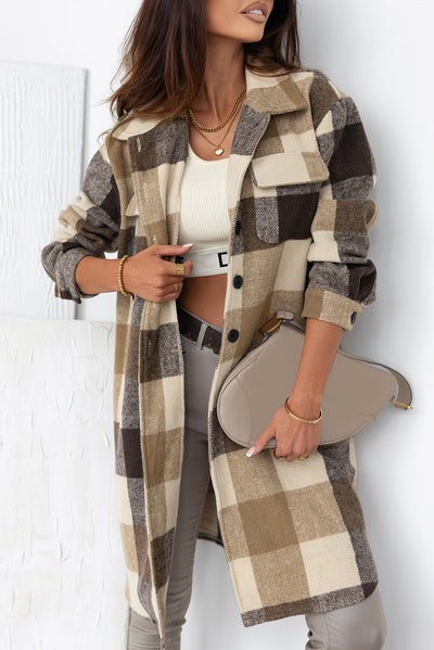 Khaki Plaid Button-Down Flap Pocket Long Shacket-Outerwear-MomFashion