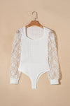 White Frenchy Contrast Lace Bishop Sleeve Bodysuit-Tops-MomFashion