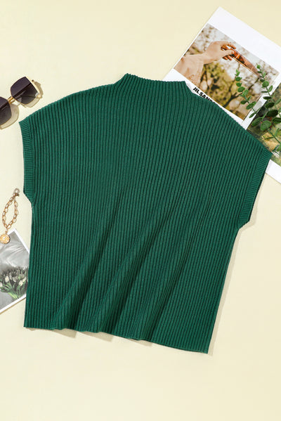 Blackish Green Patch Pocket Ribbed Knit Short Sleeve Sweater-Tops-MomFashion