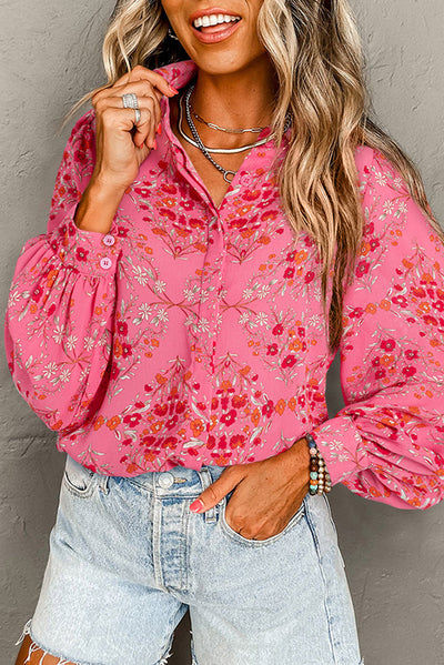 Strawberry Pink Aesthetic Floral Puff Sleeve Shirt-Tops-MomFashion