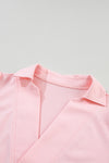 Pink Collared V Neck Puff Sleeve T-shirt-Tops-MomFashion