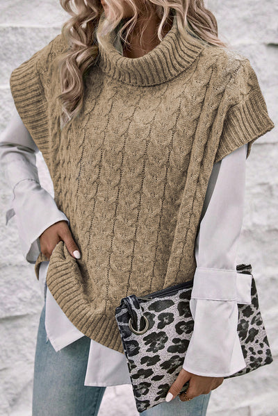 Light French Beige Cable Knit Turtleneck Batwing Sleeve Sweater-Tops-MomFashion