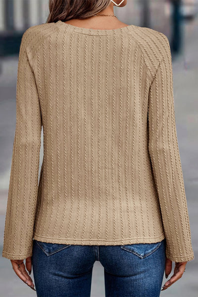 Khaki Ribbed Round Neck Knit Long Sleeve Top-Tops-MomFashion