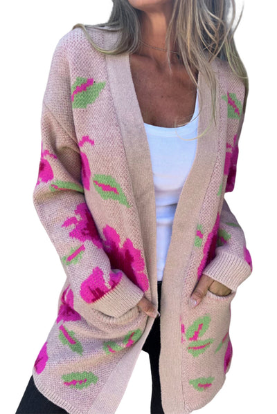 Floral Print Pocketed Open Front Cardigan-Tops-MomFashion