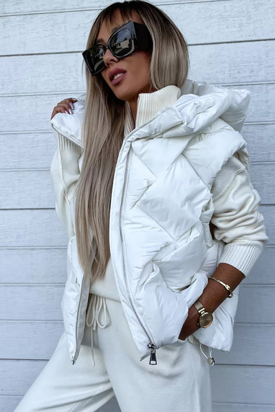 White Quilted Zipper Front Hooded Vest Coat-Outerwear-MomFashion