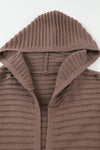 Brown Horizontal Rib Knitted Open Front Hooded Cardigan-Tops-MomFashion