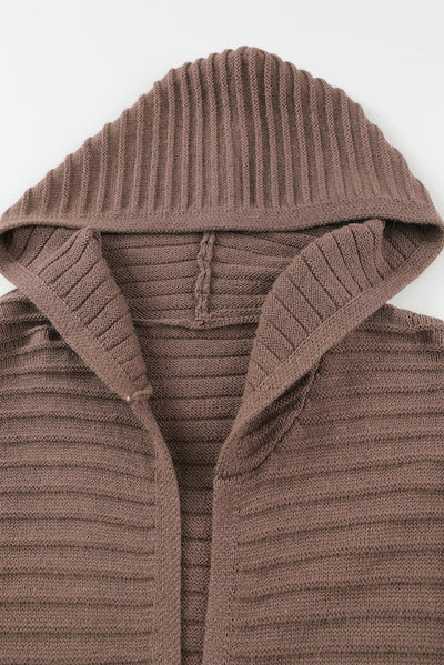 Brown Horizontal Rib Knitted Open Front Hooded Cardigan-Tops-MomFashion