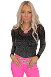 Black Rhinestone Embellished Mesh Long Sleeve Bodysuit-Tops-MomFashion