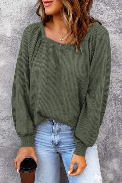 Green Scoop Neck Puff Sleeve Waffle Knit Top-Tops-MomFashion