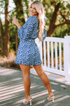 Blue Sky Blue/Blue/Apricot V Neck Lantern Sleeves Floral Tunic Dress-Dresses-MomFashion