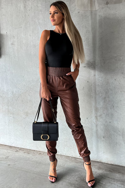 Brown Smocked High-Waist Leather Skinny Pants-Bottoms-MomFashion