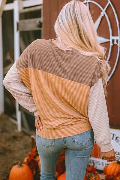 Khaki Color Block Long Sleeve Ribbed Loose Top-Tops-MomFashion