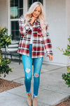 Fiery Red Geometric Plaid Print Pocketed Shacket-Outerwear-MomFashion