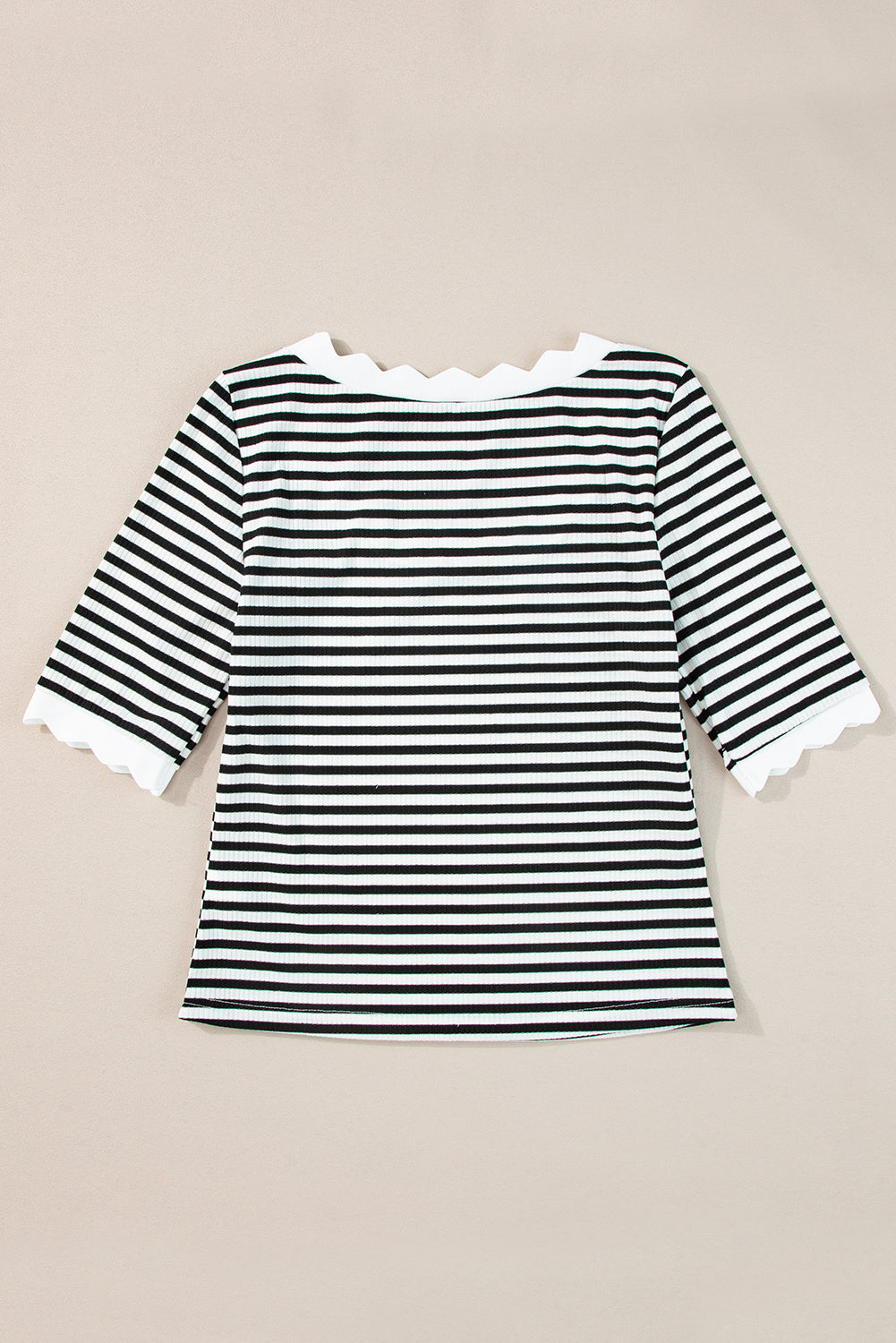 Black Striped Contrast Scallop Trim Half Sleeve T-shirt-Tops-MomFashion