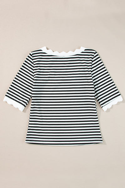 Black Striped Contrast Scallop Trim Half Sleeve T-shirt-Tops-MomFashion