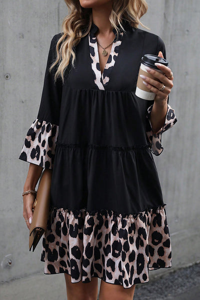 Black Leopard Trim V Neck Ruffled Sleeve Flared Dress-Dresses-MomFashion