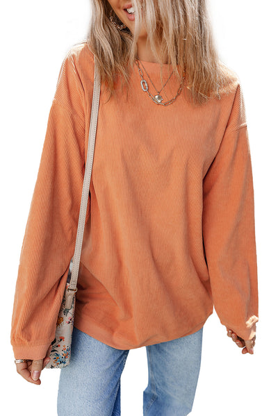 Orange Ribbed Corded Oversized Sweatshirt-Tops-MomFashion