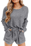 Gray Long Sleeve Top and Drawstring Shorts Lounge Set-Loungewear-MomFashion