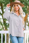 Smocked Cuffed Striped Boyfriend Shirt with Pocket-Tops-MomFashion