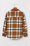 Brown Pocketed Buttoned Plaid Shirt Jacket-Outerwear-MomFashion