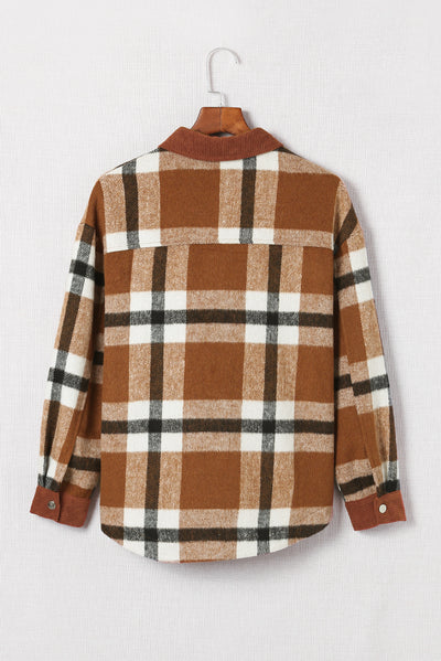 Brown Pocketed Buttoned Plaid Shirt Jacket-Outerwear-MomFashion