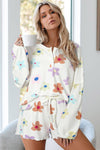 White Floral Long Sleeve Henley Top and Drawstring Shorts Set-Loungewear-MomFashion