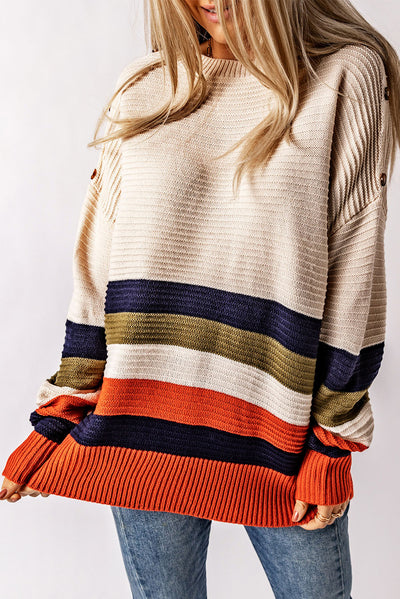 White Buttoned Shoulder Drop Shoulder Striped Sweater-Tops-MomFashion