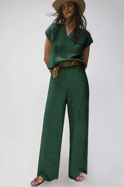 Green Knitted V Neck Sweater and Casual Pants Set-Loungewear-MomFashion