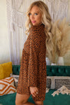 Brown Leopard Long Sleeve Babydoll Dress-Dresses-MomFashion