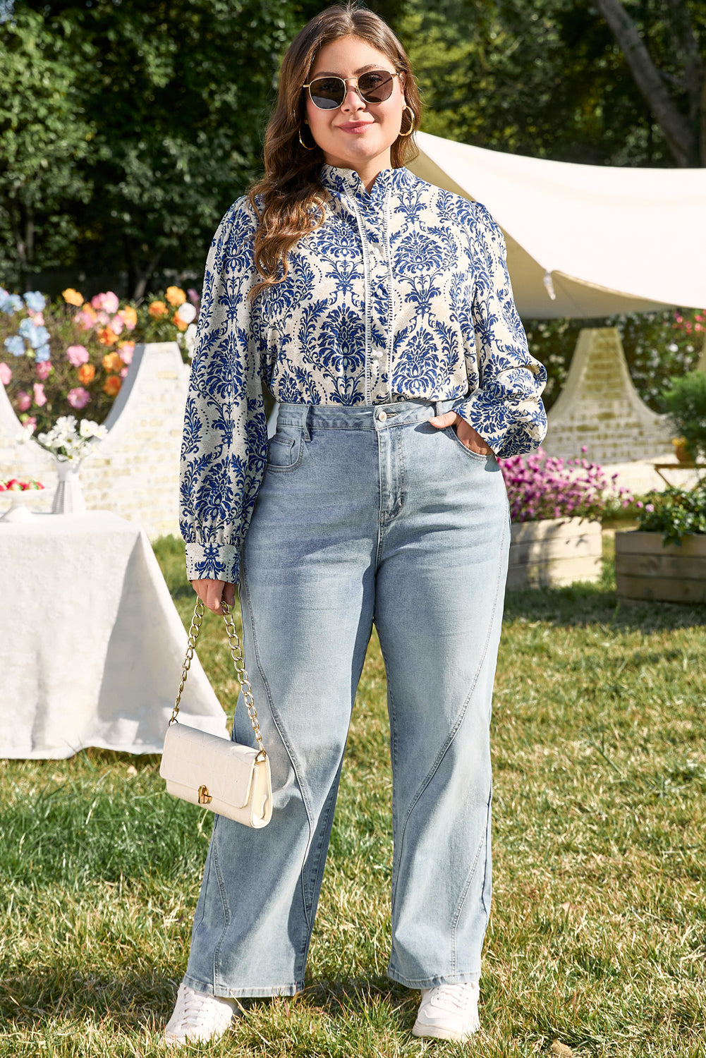 Sky Blue Tribal Pattern Print Notch Neck Buttoned Plus Size Shirt-Plus Size/Plus Size Tops/Plus Size Blouses & Shirts-MomFashion