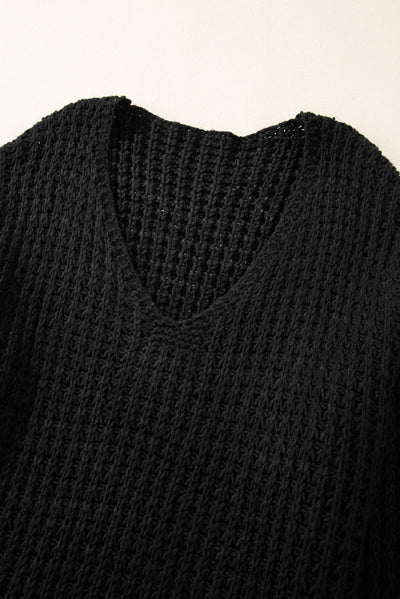 Black Hollow-out Crochet V Neck Sweater-Tops-MomFashion