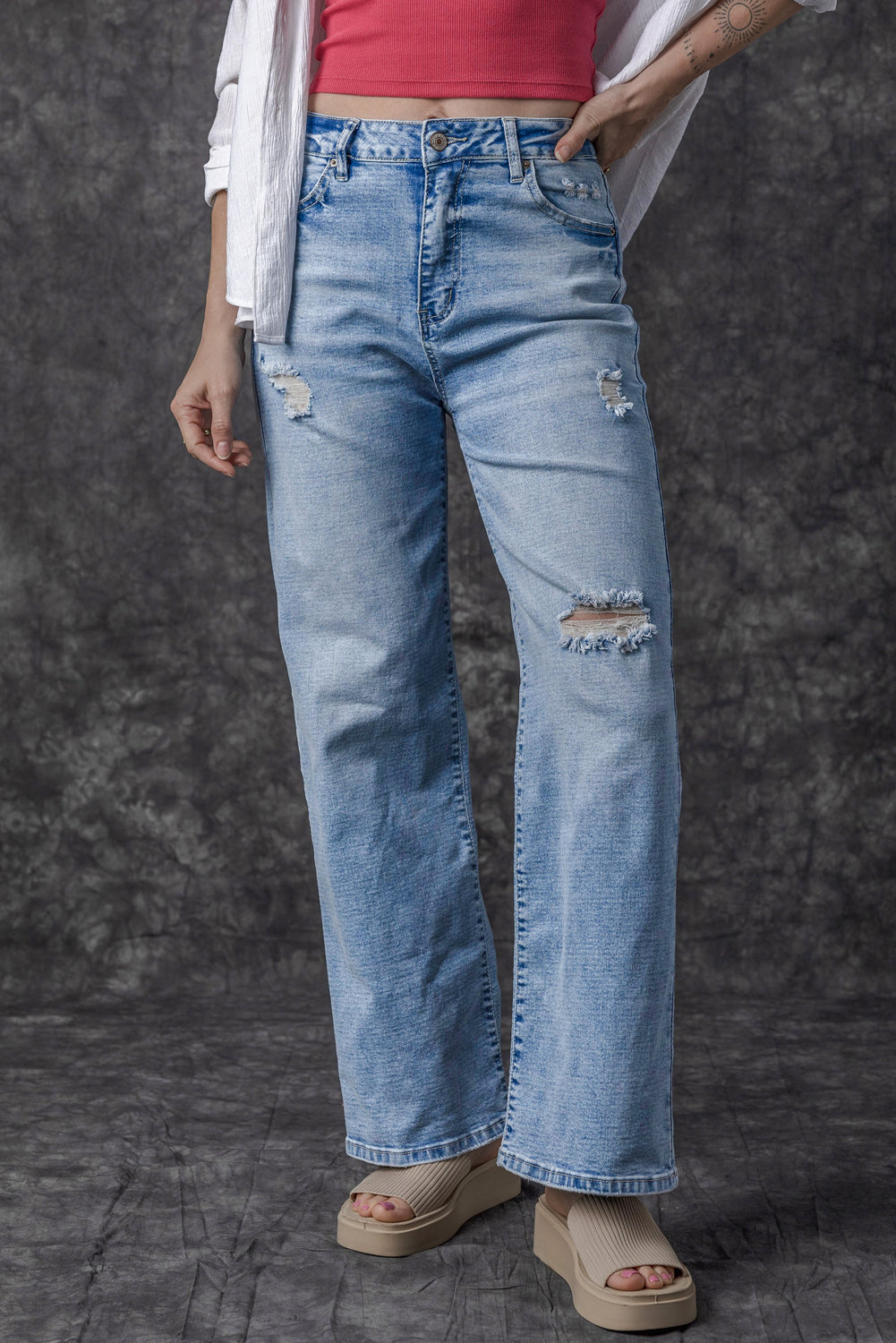 Light Blue High Rise Distressed Straight Leg Jeans-Bottoms-MomFashion