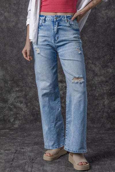 Light Blue High Rise Distressed Straight Leg Jeans-Bottoms-MomFashion