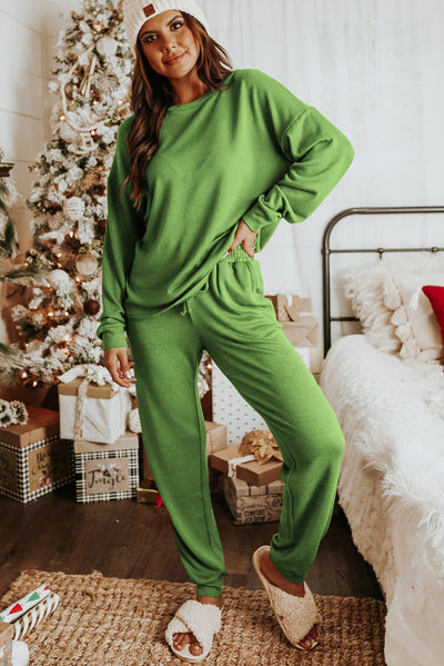 Spinach Green Long Sleeve Pullover and Jogger Pants Lounge Set-Loungewear-MomFashion