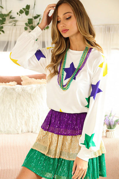 White Mardi Gras Star Printed Long Sleeve Top-Tops-MomFashion