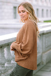 Brown V-Neck Drawstring Dolman Sleeve Waffle Knit Top-Tops-MomFashion