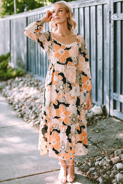 Tie Waist Puff Sleeve Bold Floral Maxi Dress-Dresses-MomFashion