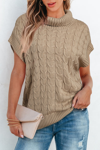 Light French Beige Cable Knit Turtleneck Batwing Sleeve Sweater-Tops-MomFashion