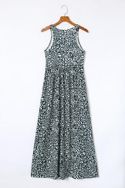 Gray Leopard Print Pocketed Sleeveless Maxi Dress-Dresses-MomFashion